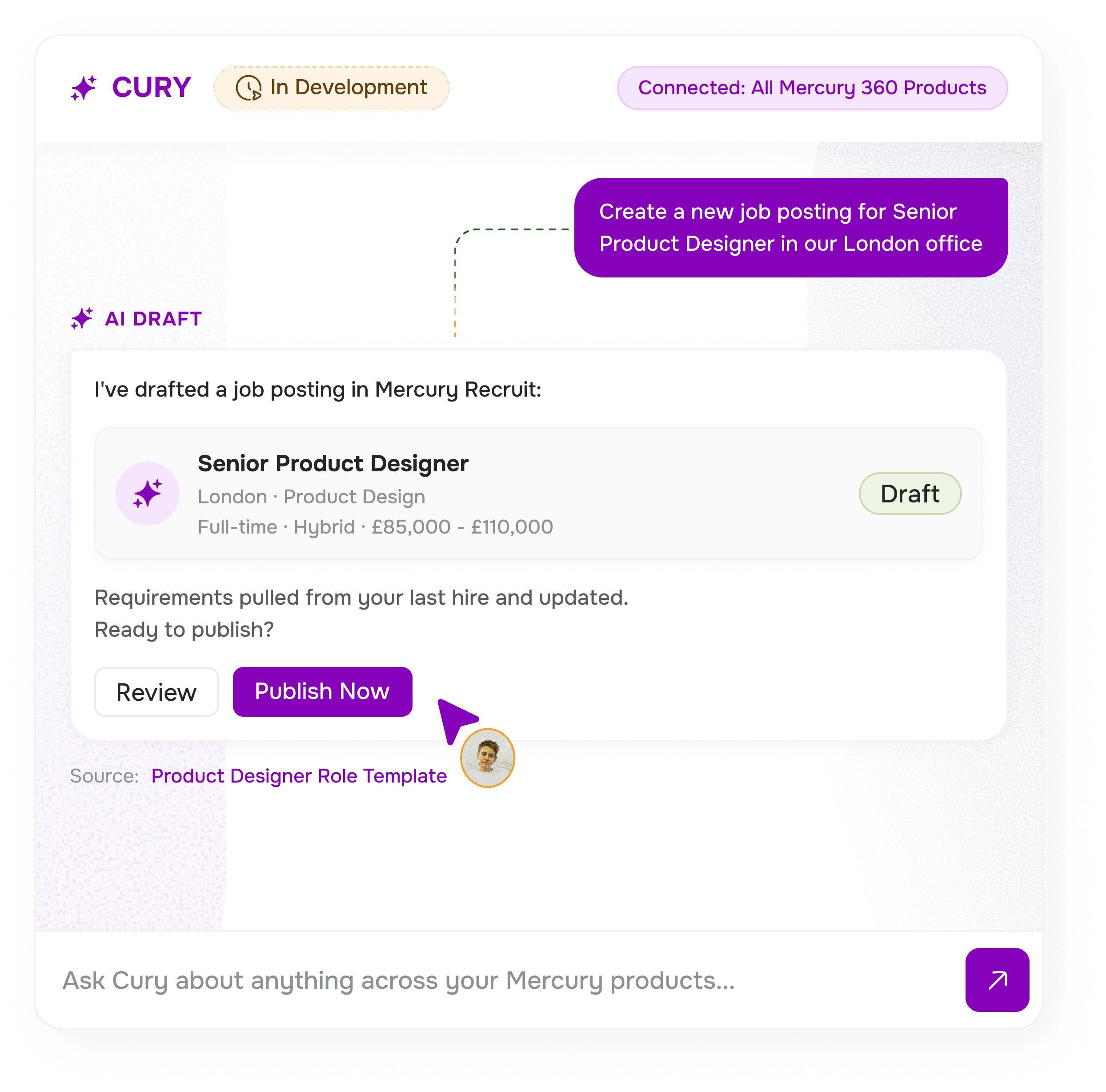 Cury AI assistant drafting a job posting inside Mercury Recruit