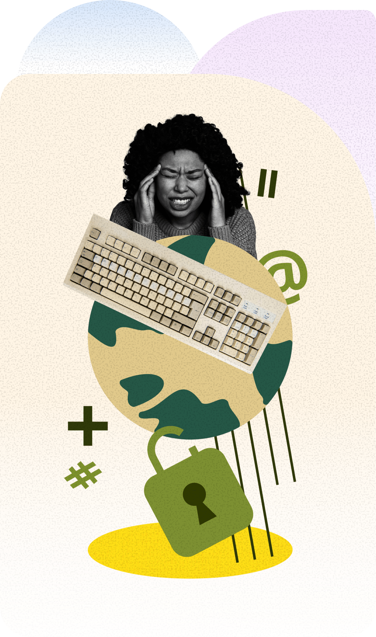 Illustration representing disconnected tools: a stressed person, a keyboard, a locked padlock, and scattered symbols
