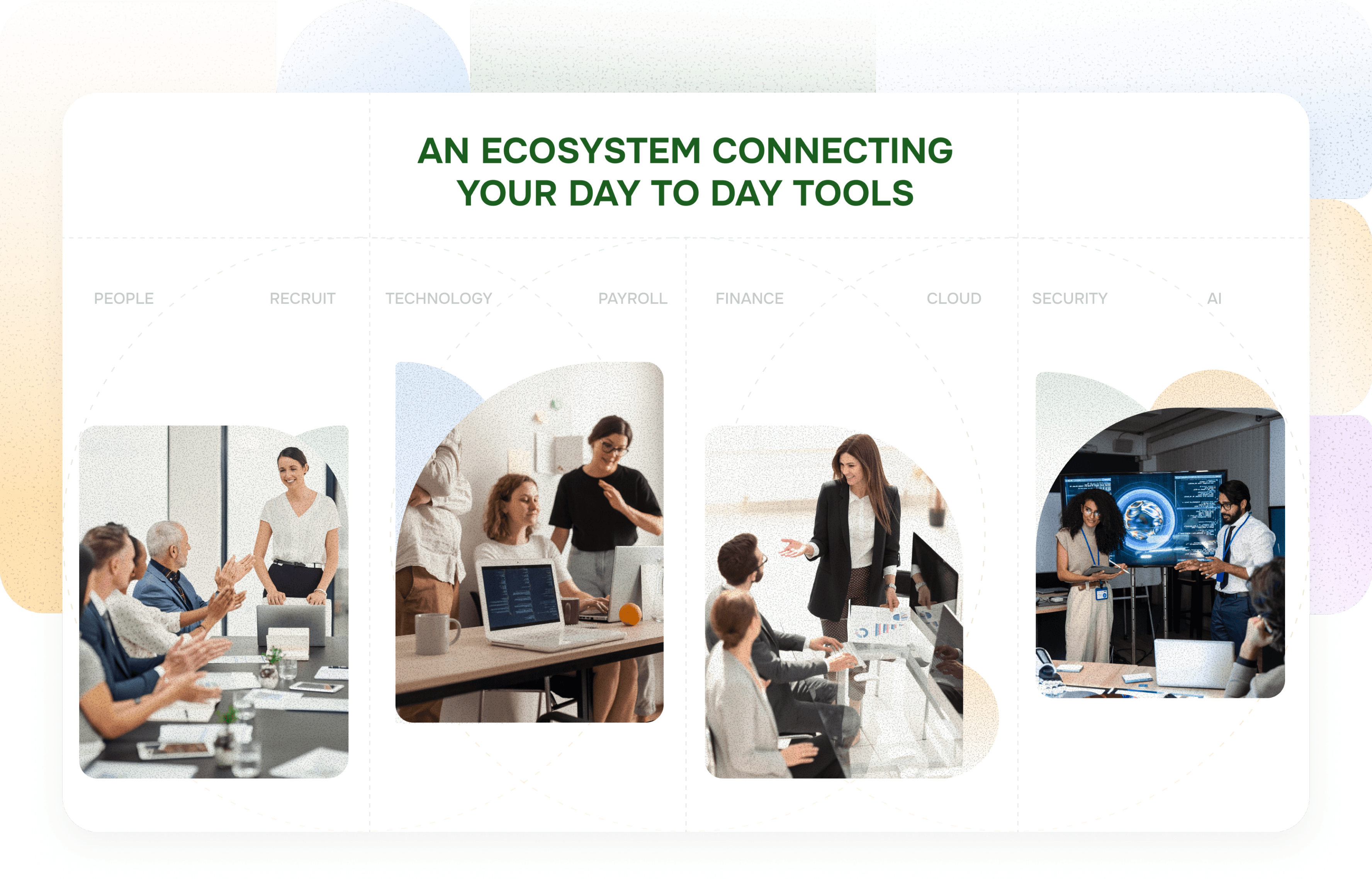 An ecosystem connecting your day to day tools across Recruit, Technology, Payroll, Finance, Cloud, Security, and AI